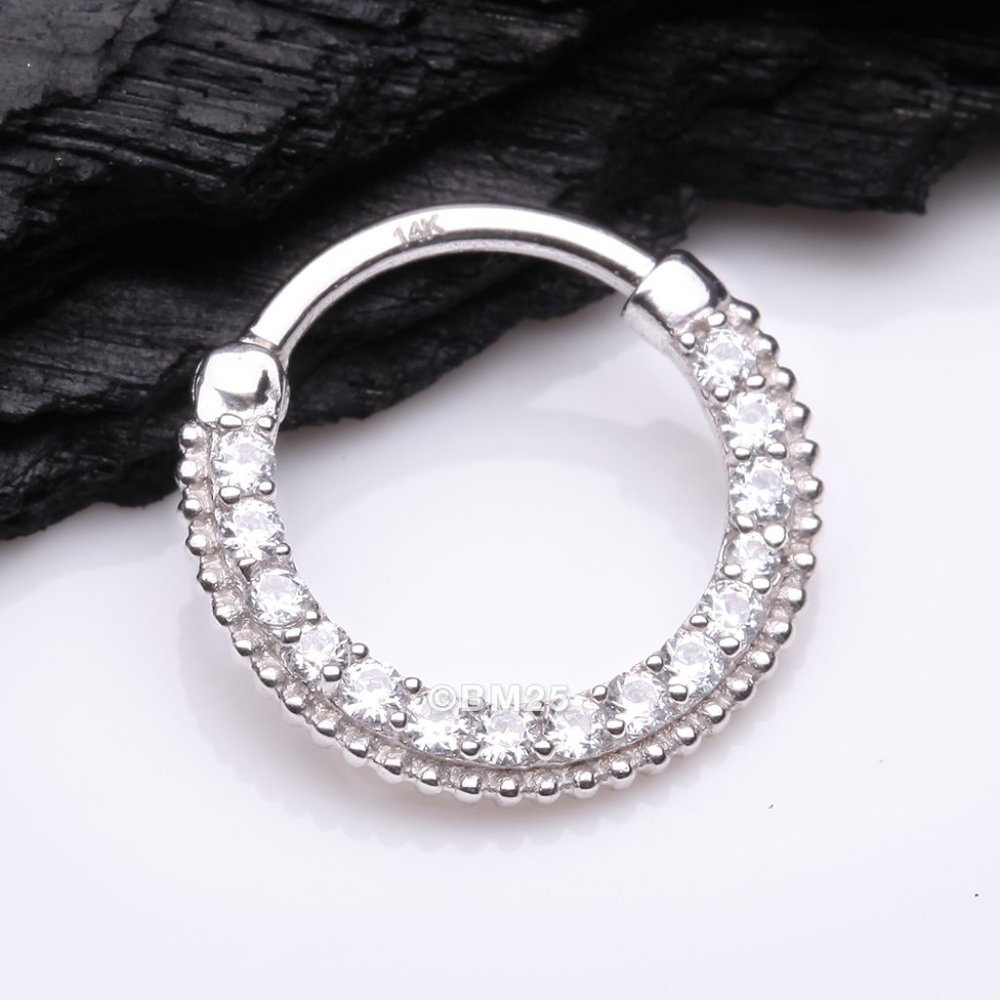 14 Karat White Gold Studded Sparkle Gems Paved Clicker Hoop Ring